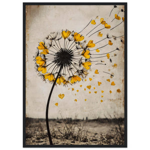 Dandelion Heart Love Wall Art - Vintage Botanical Print with Golden Hearts
