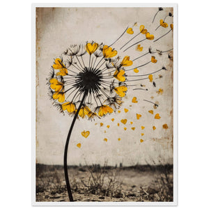 Dandelion Heart Love Wall Art - Vintage Botanical Print with Golden Hearts