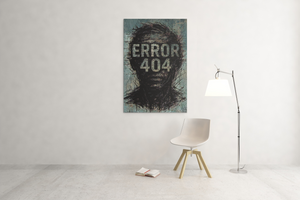 Poster with 'ERROR 404' design on a wall in a room with a chair and lamp.