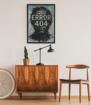 Room interior with wooden cabinet, chair, lamp, and 'ERROR 404' poster on the wall.