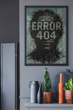 Framed artwork with 'ERROR 404' on a wall above a shelf with decorative items.