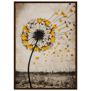 Dandelion Heart Love Wall Art - Vintage Botanical Print with Golden Hearts