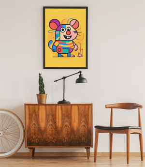 Colorful cartoon mouse illustration on a yellow background in a modern interior setting.