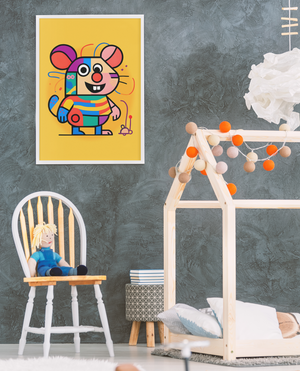 Children's room with colorful cartoon mouse poster, chair, and playhouse.