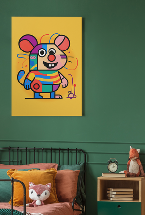 Colorful cartoon mouse painting on a green wall above a sofa with cushions and a small table.