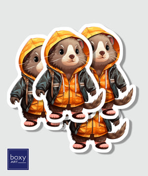 An adorable sticker of a hamster wearing a costume, placed on a white laptop next to a notebook.