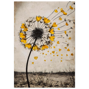 Dandelion Heart Love Wall Art - Vintage Botanical Print with Golden Hearts