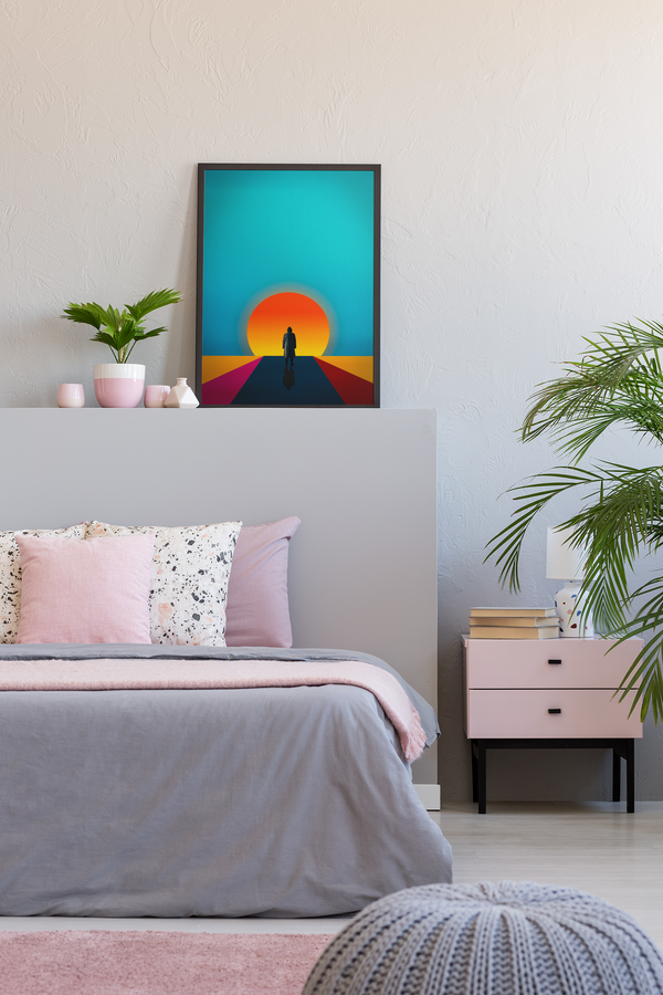 Bedroom with a colorful sunset painting above the bed