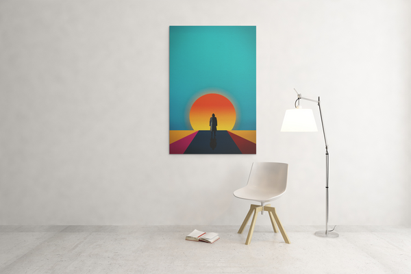Colorful abstract painting of a silhouette against a sunset on a white wall.
