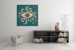 Decorative wall art of an eye with swirling patterns on a teal background, displayed in a modern living room.