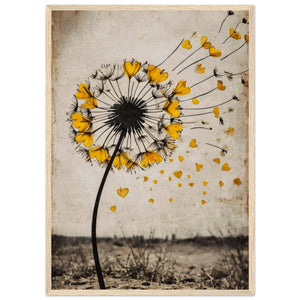 Dandelion Heart Love Wall Art - Vintage Botanical Print with Golden Hearts
