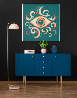 Modern interior with a blue cabinet, gold floor lamp, and abstract eye artwork on a black wall.