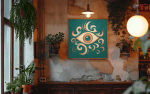 Room interior with a decorative eye painting on a textured wall.