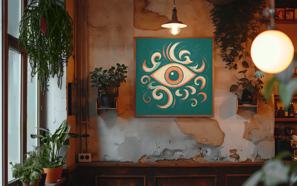 Room interior with a decorative eye painting on a textured wall.