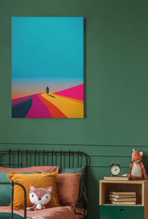 Colorful abstract painting on a green wall above a sofa with cushions and a small table.